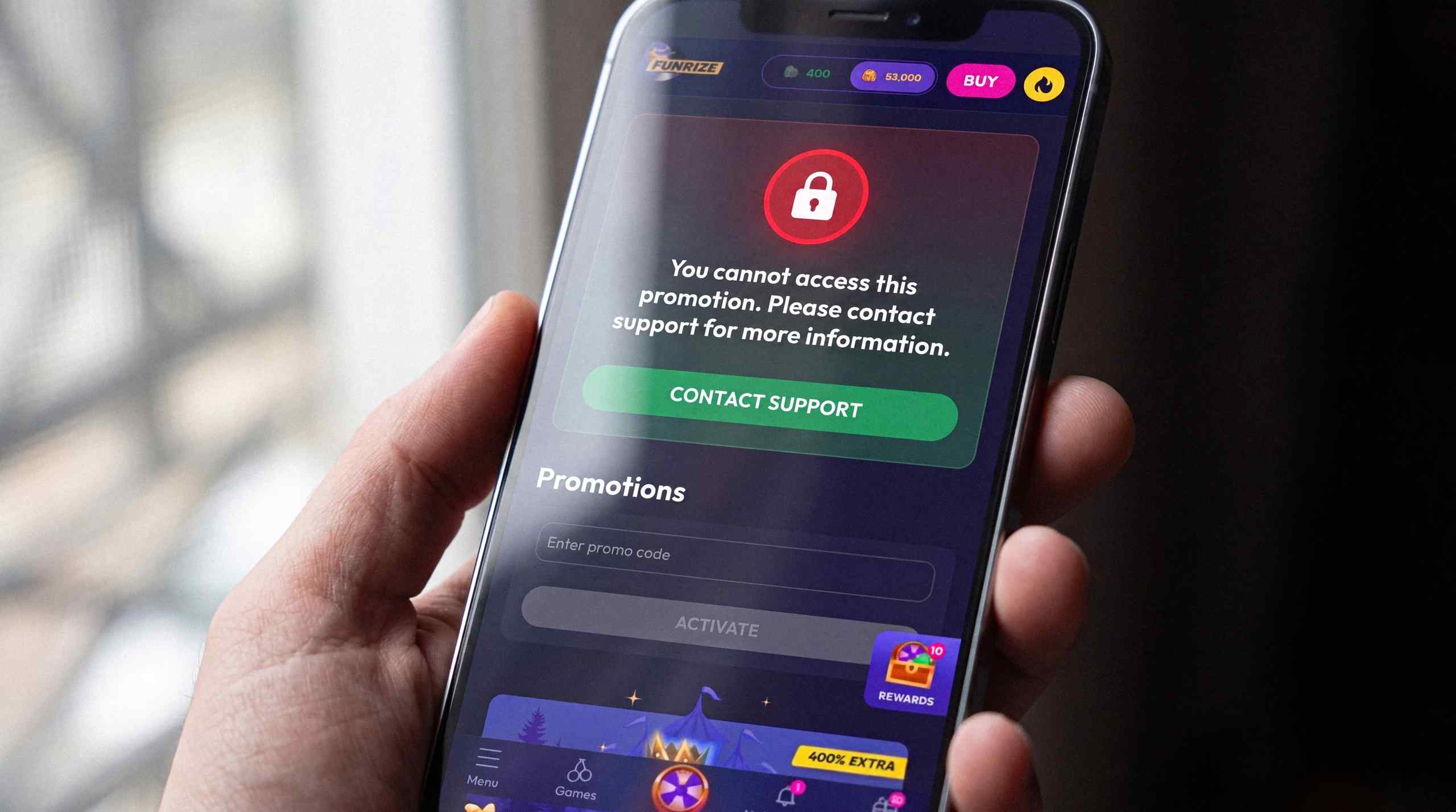 A sweepstakes casino displaying a promo ban on mobile.